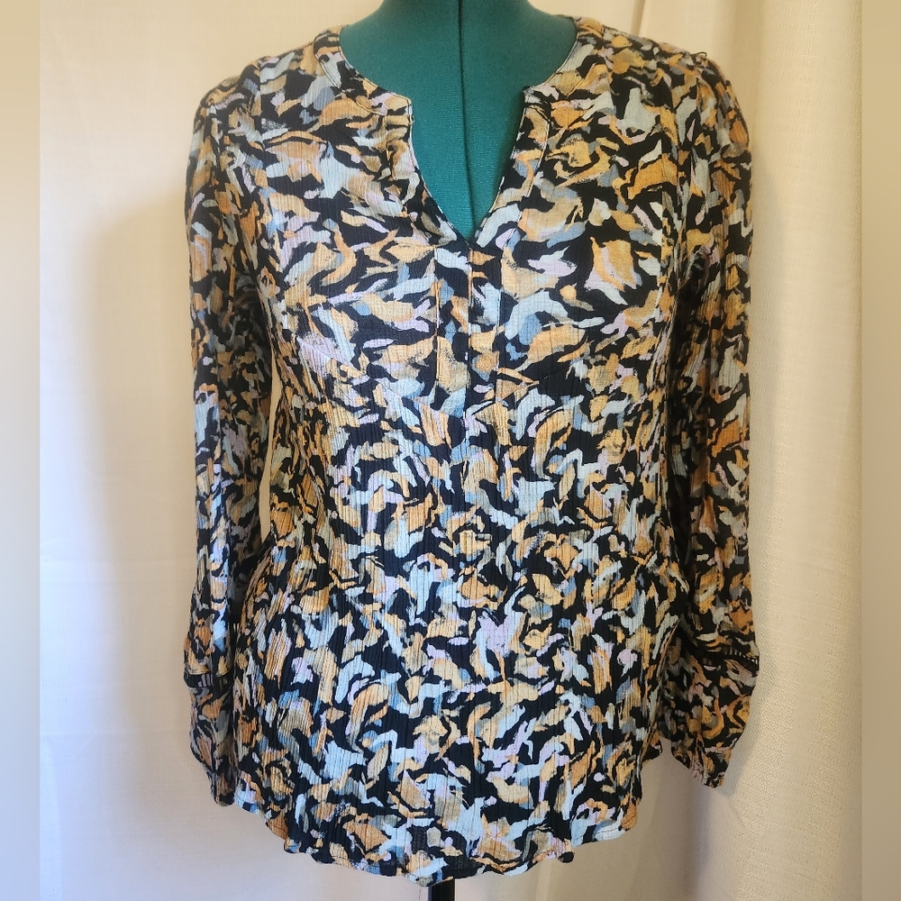 Zac & Rachel Abstract Floral Long-Sleeved V-Neck Blouse, Women's Large